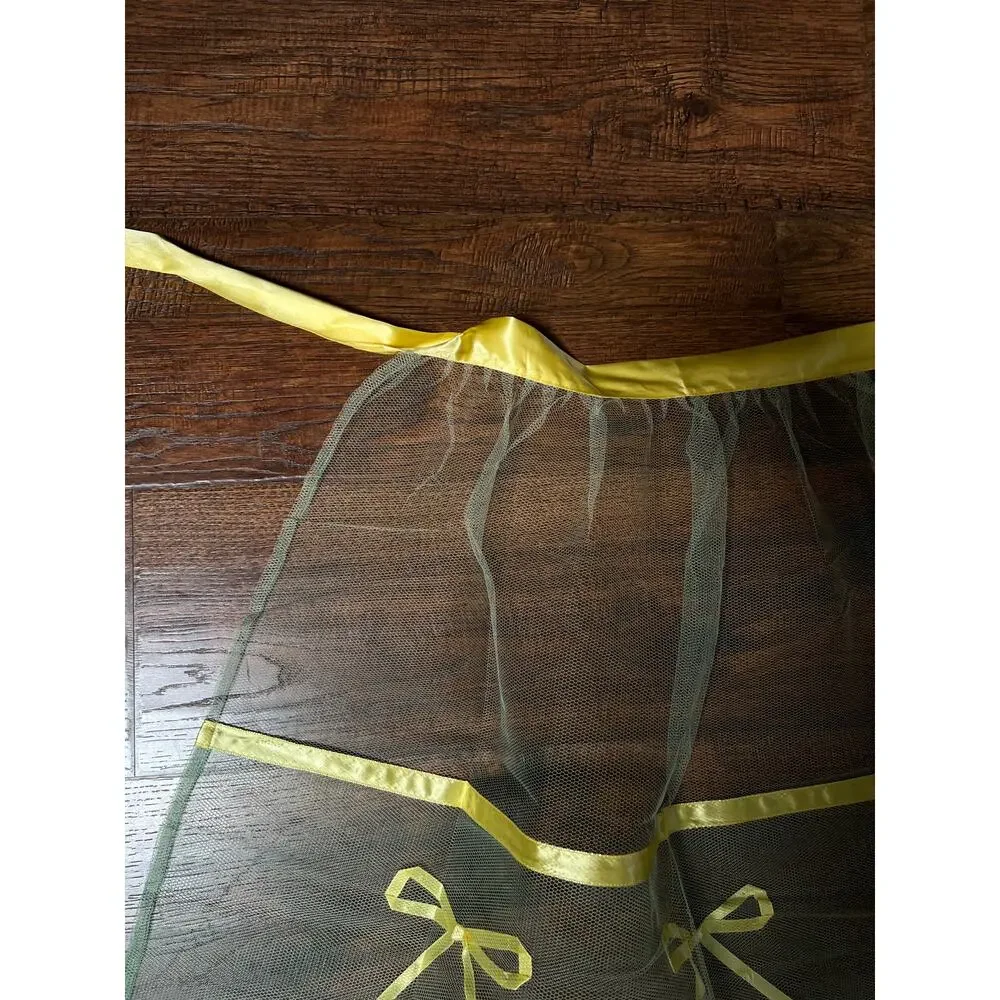 Vintage Handmade Green Tulle Half Apron — Mid Century Yellow Satin Ribbon Bows